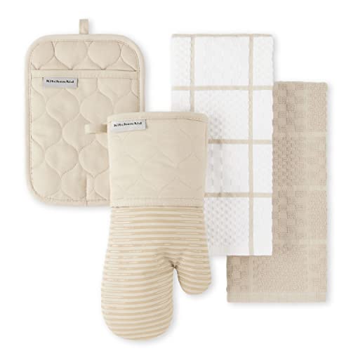 KITCHENAID Quilted Cotton Terry Cloth Oven Mitt, Pot Holder, Kitchen Towel 4-Pack Set, Heat Resistant, Silicone Grip, 16"x26", 7"x13" & 7"x10", Milkshake Tan - color: Milkshake Tan