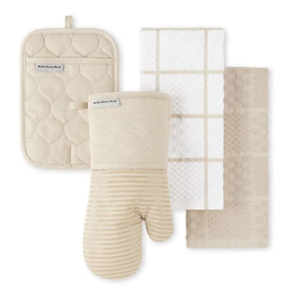 KITCHENAID Quilted Cotton Terry Cloth Oven Mitt, Pot Holder, Kitchen Towel 4-Pack Set, Heat Resistant, Silicone Grip, 16"x26", 7"x13" & 7"x10", Milkshake Tan - color: Milkshake Tan