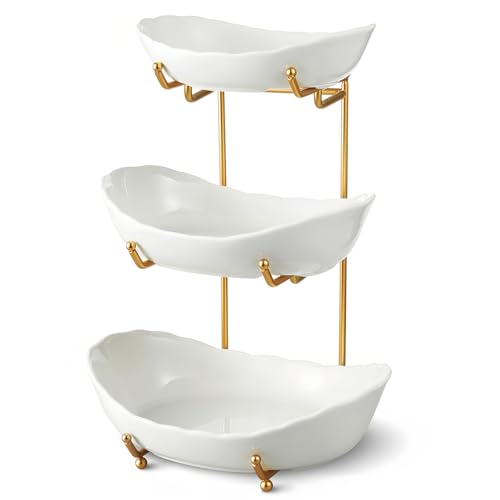 Ceramic Fruit Bowl for Kitchen Counter - 3 Tier Fruit Basket with Metal Stand, Tiered Fruit Stand for Countertop, Snack, Nuts, Cake, Dessert, Cute (Gold, Small) 1 - color: Gold, size: Small