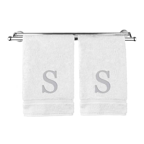 Monogrammed Hand Towel, Personalized Gift, Set of 2- Silver Block Letter Embroidered Towel - Extra Absorbent 100% Turkish Cotton - Soft Terry Finish - Initial S White - color: White & Silver, size: Initial S