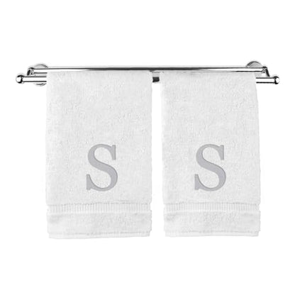 Monogrammed Hand Towel, Personalized Gift, Set of 2- Silver Block Letter Embroidered Towel - Extra Absorbent 100% Turkish Cotton - Soft Terry Finish - Initial S White - color: White & Silver, size: Initial S