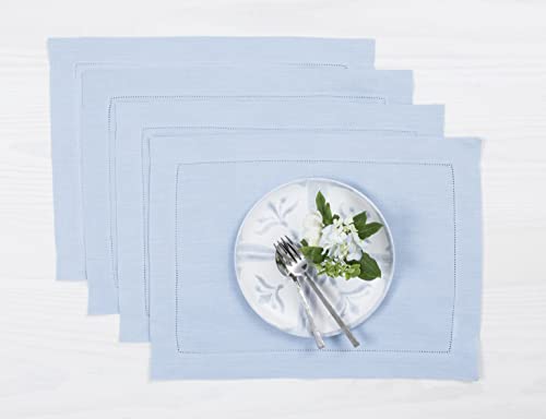 Solino Home 100% Pure Linen Woven Placemats Sky Blue, 14 x 19 in, Set of 4 | Classic Hemstitch Place Mats place settings for daily dining | hand hemstitched borders, artisan crafted | OEKO-TEX Certified - color: 09: Sky Blue, size: 14" X 19" (Set of 4)