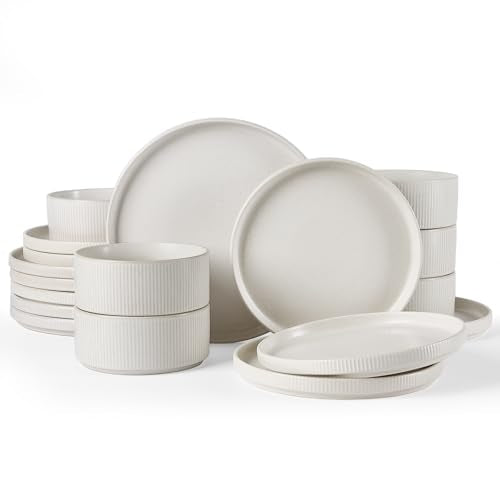Famiware Star Plates and Bowls Sets, 18pc Modern Stoneware Dinnerware for 6 | Handmade Reactive Glaze Dishes, Chip & Scratch Resistant. Microwave & Dishwasher Safe, Everyday Use Ceramics, Matte White - color: Matte White, size: Service for 6
