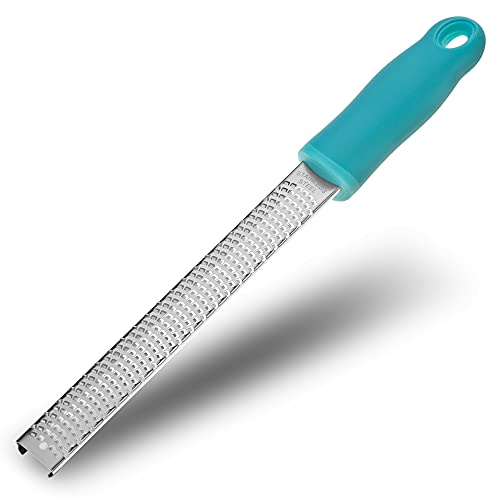 8-Inch Lemon Zester & Cheese Grater, 18/8 Stainless Steel, Blue | Fine 18/8 Stainless Steel Blade for Citrus, Parmesan, Ginger and Garlic, Soft Non-slip Handle, Cover, Dishwasher Safe - color: B-Blue