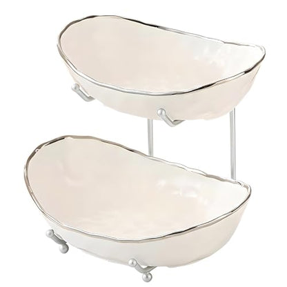 White Fruit Bowl with Silver Metal Stand, 2 Tier Modern Ceramic Fruit Bowl Fruit Rack for Kitchen Counter, Tiered Fruit Basket for Snacks Bread Candy Storage (White B,2 Tier) - color: White B,2 Tier