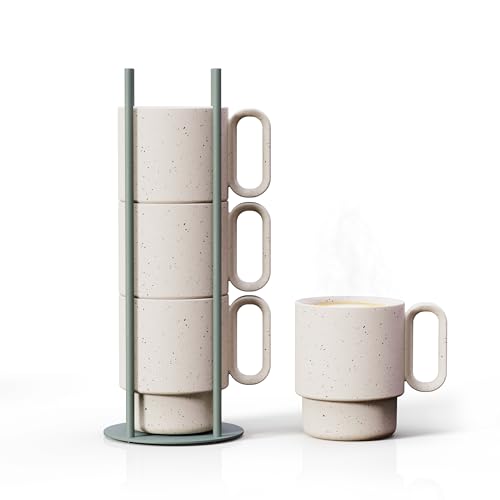 LIBKEN Stackable Coffee Mug Set with Green Stand Rack 4x8oz Ceramic Mugs with Unique Sprinkled Optics - Powder Coated Metal Rack for Space Saving Storage - Dishwasher-Safe - Microwave & Oven Use