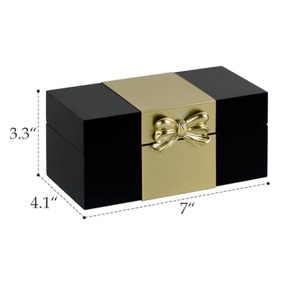 Wooden Keepsake Box - Black & Gold Boxes with Bow Accent, Decorative Storage Gift Box for Jewelry Love Letters Photos, 6.93" W