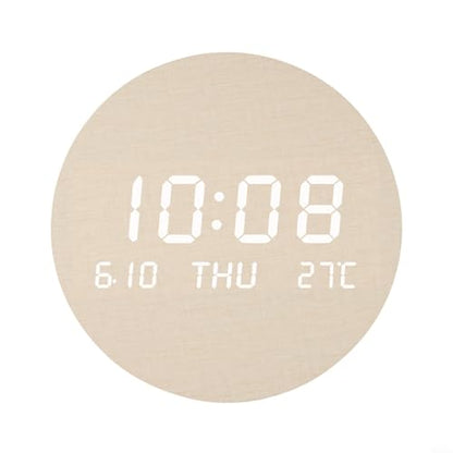 Wooden Silent Non-Ticking Wall Clock, Wood Moon Cordless Aesthetic Modern Alarm, Large LED Digital Round Clock for Living Room Bedroom -Display With Date,Temperature&Calendar(Brown No Rechargeable) - size: Brown No Rechargeable