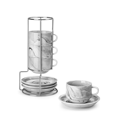 MALACASA 2.5 OZ Porcelain Espresso Cups with Saucers and Metal Stand Set of 4, Stackable Cappuccino Cups, Marble Gray Expresso Shots Cup Set for Coffee Drinks, Latte, Tea - color: Marble Gray, size: 2.5 Oz