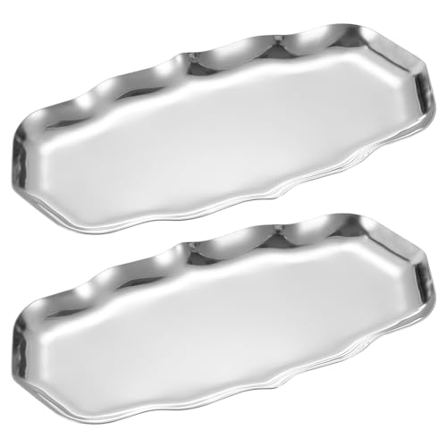 uxcell 2pcs Stainless Steel Decorative Tray 8.6" x 4.3" Wave Serving Tray Suitable for Jewelry Coffee Table Bar Kitchen Countertop Bathroom Tableware, Silver - color: Silver