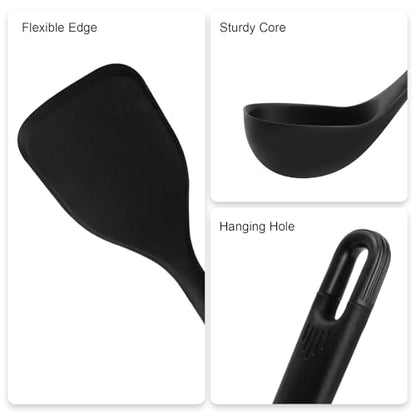 Silicone Kitchen Cooking Utensils Set: MOACC Heat Resistant 13inch Long Kitchen Gadgets, BPA Free Non Stick Rubber Cook Accessories For Food Prep, Frying, Serving, Basting (Black) - color: Black