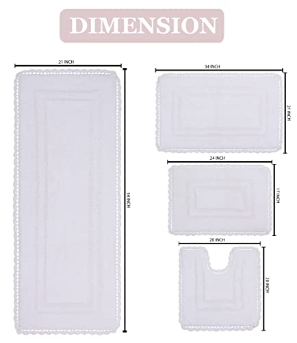 Home Weavers Casual Elegance Reversible Bathmat 100% Cotton Bathroom Rugs Set, Washable Rug, Extra Soft and Absorbent Bath Rug, Kitchen Mat, Bath Mat Set, Non Slip Mat, 4 Piece Set with Runner, White - color: White, size: 1'9" x 4'6" (Rectangle, Contour)