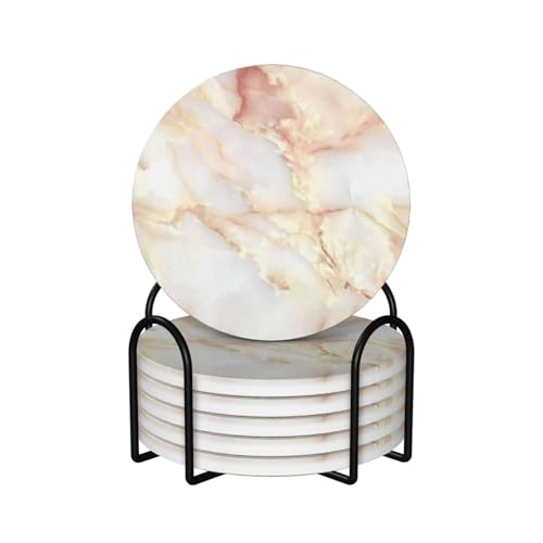 White Orange Marble 6 Pack Coaster Set with Holder Absorbent Drink Coaster Bar Dining Coffee Funny Cup Ceramic Cork Coaster - color: White Orange Marble, size: Round