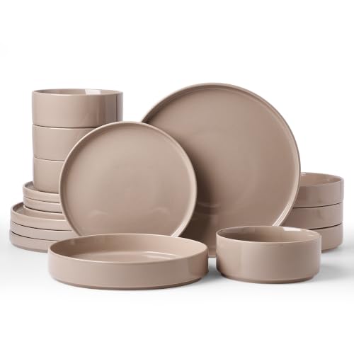 Famiware Nebula 16-Piece Dinnerware Set with Pasta Bowls, Cinnamon Brown | Stoneware Plates and Bowls, Service for 4 - Chip & Scratch Resistant, Microwave & Dishwasher Safe - color: Cinnamon Brown, size: Service for 4 (Include Pasta Bowls)