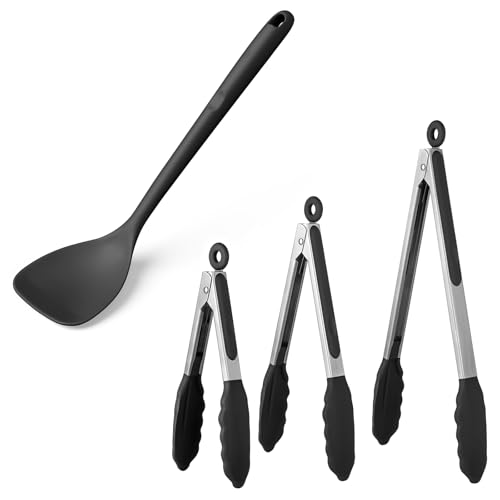 U-Taste 7+9+12 inch 600ºF Heat Resistant Silicone Kitchen Tong Set of 3 and 600ºF Heat Resistant 13.76" Long, 3.63" Wide Wok Spatula for Kitchen Stir Fry (Black)