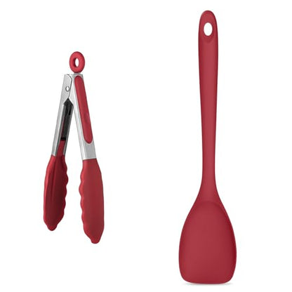 U-Taste 600ºF High Heat 7in Silicone Kitchen Tong and 600ºF Heat Resistat Spatula Spoon Flexible Silicone Cooking Scoop Spoonula (Red)