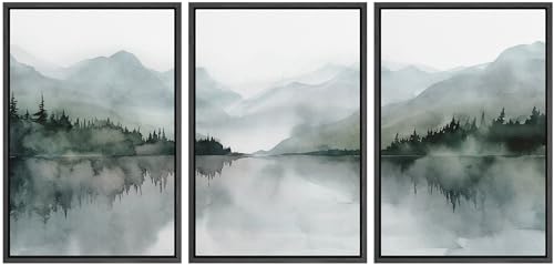 MUDECOR Framed Wall Art Print Set Misty Mountain Lake Watercolor Serene Illustrations Modern Art Boho Decorative Colorful Chic for Living Room, Bedroom, Office - 16"x24"x3 Black - color: Abs07-2405-irs07, size: 16"x24"x3 Panels Black