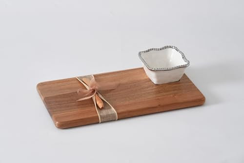 Pampa Bay Acacia Charcuterie Board with Porcelain White & Silver Dipping Bowl and Wood Spreader - color: White & Silver