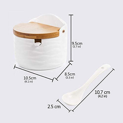 Ceramic Sugar Salt Bowl with Bamboo Lid and Spoon, LUCKY GODDNESS 9.1 fl oz Porcelain Container Jar for Pepper with Chalkboard Label, for Housewarming - color: C-001