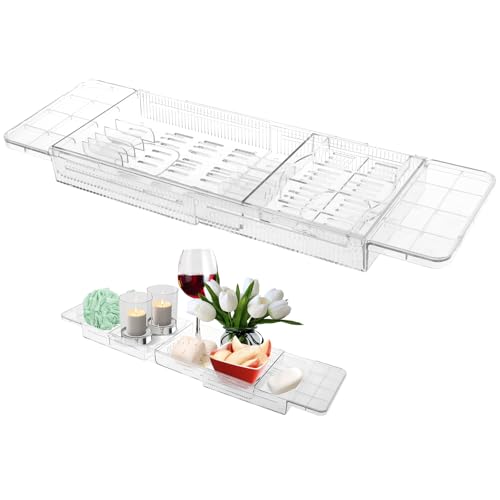 Expandable Bathtub Caddy Tray, 56.5cm to 80.5cm Adjustable Length Clear Bathtub Tray, Plastic Drain Bath Shelf Caddy, Nonslip Multifunctional Bathtub Storage Rack for Candle Towel Book