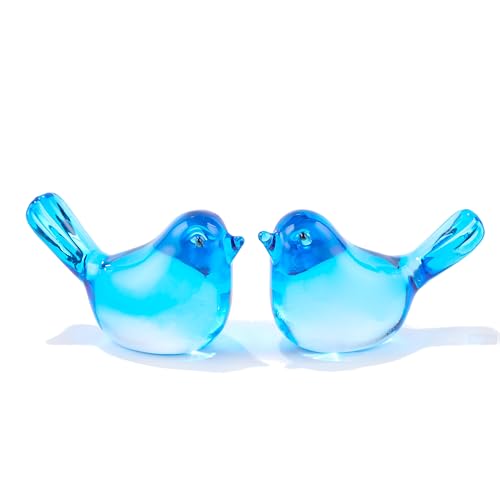 Qianwei 2pcs Blue Glass Birds Figurine Handmade Blown Crystal Home Decor | Crystal Small Summer Bird Animals Collectible Figurines Office Desk Table Home Paperweight Decorations Cardinal Hummingbird - color: 2pcs Sky Blue