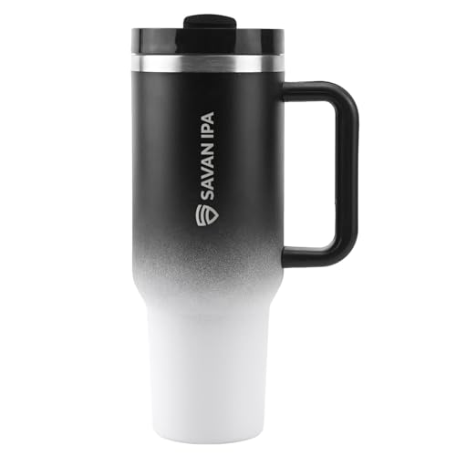Insulated Tumbler, Black and White, 40 oz | Stainless Steel Vacuum, Handle and Straw, Leak Resistant Lid, Fits Car Cup Holder - color: GRADIENT BLACK, size: 40 oz