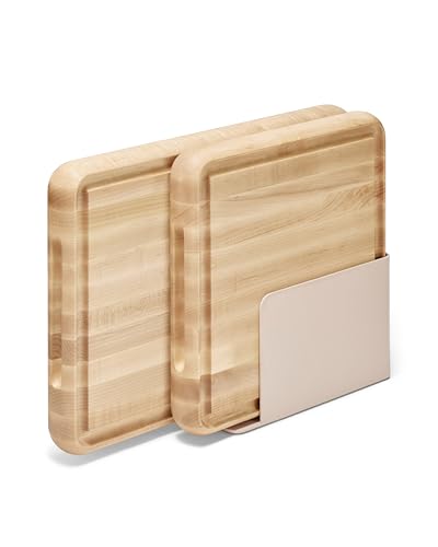 Caraway 3-Piece Prep and Serve Butcher Block Set | 17" Rectangle Cutting Board, 12" Square Cutting Board and Metal Storage Rack, Maple - color: Maple, size: Butcher Block Set