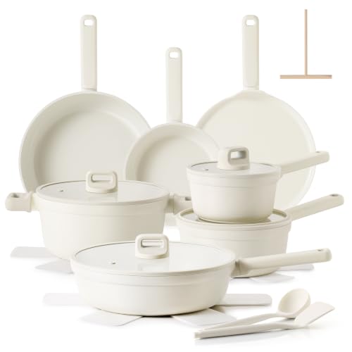 SENSARTE Ceramic Pots and Pans Set Nonstick, 20Pcs Cookware Set, White | Non Stick Ceramic Coating, Non-toxic Healthy Kitchen Cooking Set, Induction Compatible, Dishwasher Safe, PFAS/PTFE/PFOA Free - color: Cream White