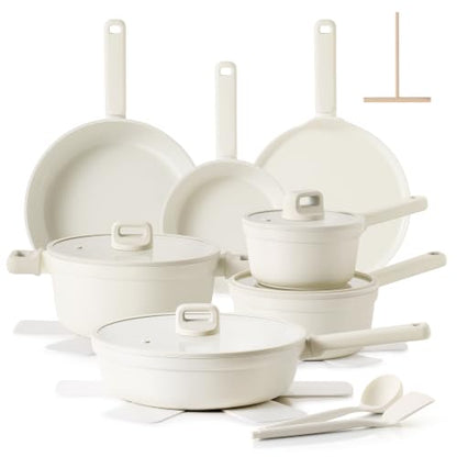 SENSARTE Ceramic Pots and Pans Set Nonstick, 20Pcs Cookware Set, White | Non Stick Ceramic Coating, Non-toxic Healthy Kitchen Cooking Set, Induction Compatible, Dishwasher Safe, PFAS/PTFE/PFOA Free - color: Cream White
