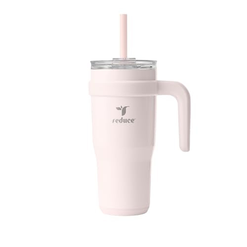 REDUCE 24 oz Stainless Steel Tumbler with Handle - Dual-Wall Vacuum Insulated Travel Mug, Sweat-Proof Lid & Reusable Straw - Keeps Drinks Cold for 24 Hrs, Fits Cupholders, Dishwasher Safe-Pink Cotton - color: Pink Cotton, size: 24 Ounces