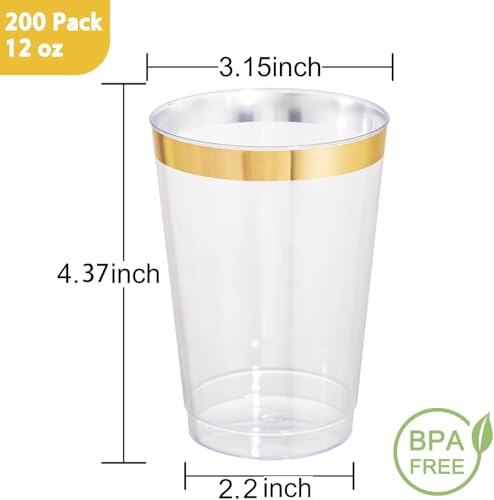 I00000 200 Pack 12 oz Gold Plastic Cups, Premium Gold Rimmed Plastic Cups | Heavy Duty, BPA-Free, Bulk Catering, Everyday Use, Wine Glasses, Cocktail Glasses, Gold Cups Perfect for Party & Wedding - color: 12-Gold-200