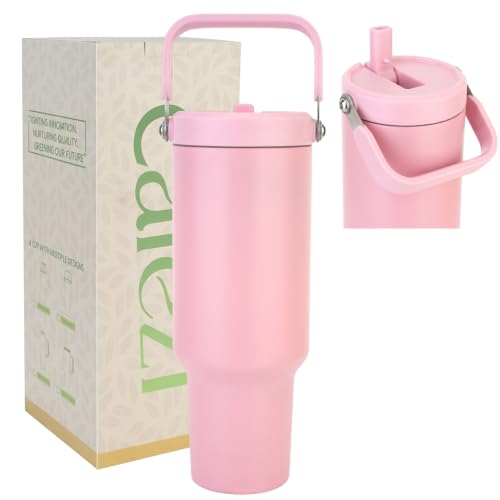 40 oz Insulated Tumbler with Top Handle and Flip Straw | Vacuum Insulated Stainless Steel Cup with Leak-Proof Lid, Sweat-Free, Fits Cup Holder, Keeps Ice Cold up to 30 Hours - color: Pink, size: 40 Ounces