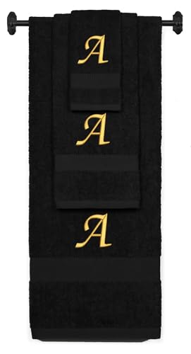 Monogrammed Bath, Hand, Washcloth Cotton Towel Set, Personalized Gift 3Pc-A - color: Black & Gold, size: Initial A
