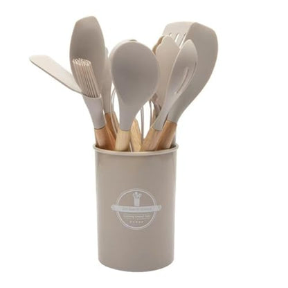 12 PCS Silicone Kitchen Utensils Set with Wooden Handle, Non-Stick Heat Resistant Cooking Tools with Holder, BPA-Free Kitchen Gadgets for Cookware, Multicolor