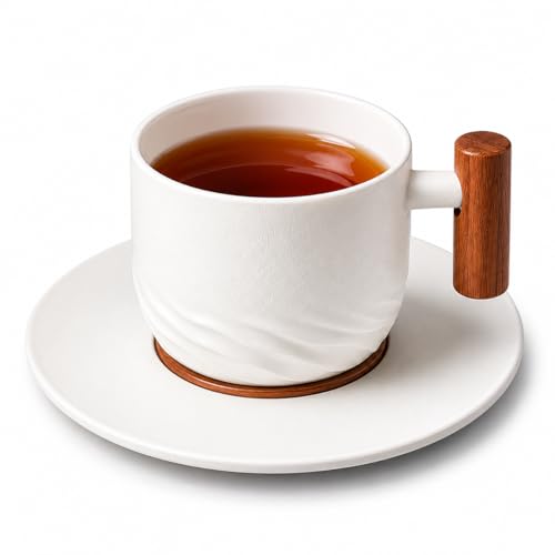 PRINCE G Japanese Style Ceramic Mug ml with Matching Saucer – Handmade Espresso, Coffee, Tea & Matcha Cup, Ideal Gift Set with Handgrip (WHITE) - color: White