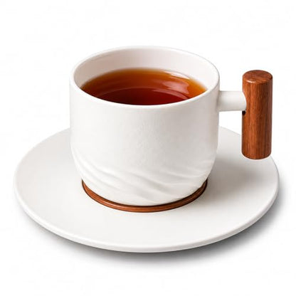PRINCE G Japanese Style Ceramic Mug ml with Matching Saucer – Handmade Espresso, Coffee, Tea & Matcha Cup, Ideal Gift Set with Handgrip (WHITE) - color: White