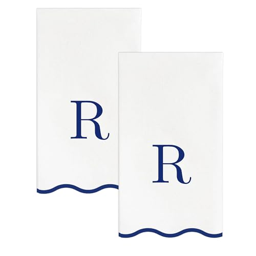 Stxy's Monogram R Paper Napkins Scalloped Navy Blue Letter, 3-ply, 40ct | Monogram R Hand Towels for Bathroom, Decorative Scalloped Paper Dinner Napkins for Wedding, Birthday, Hostess & Preppy Gifts - style: R
