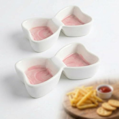 Soy Sauce Dishes, 2-Compartment, 2-Pack, Pink | Ceramic butterfly condiment cups keep two dips apart; 3 oz dishes serve sushi, snacks, appetizers, and small sides at table. - color: Pink