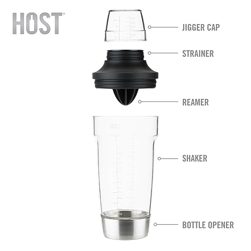Host All in One Cocktail Shaker Set with Measurements, Reamer, Bottle Opener, Strainer and Jigger for Cold Brew Cocktails, Home Bar, Bartending, Camping, Picnic, Outdoor Party, On the Go, 18 oz - style: All in One Shaker