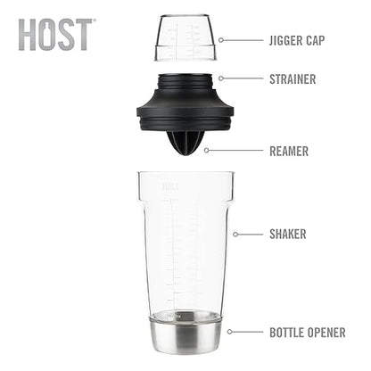 Host All in One Cocktail Shaker Set with Measurements, Reamer, Bottle Opener, Strainer and Jigger for Cold Brew Cocktails, Home Bar, Bartending, Camping, Picnic, Outdoor Party, On the Go, 18 oz - style: All in One Shaker