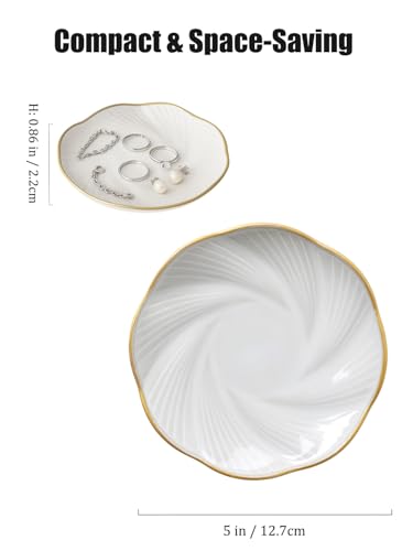 Ceramic Jewelry Tray with Gold Edge, 5 Inch Modern Trinket Dish for Rings, Bracelets & Earrings, Elegant Dresser Organizer (White) - color: White_round