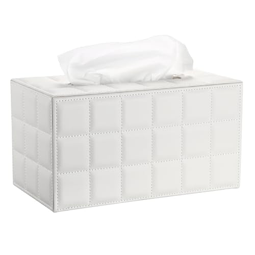 Sumnacon Tissue Box Cover Rectangle Leather Tissue Box with Magnetic Bottom,PU Tissue Box Holder Decorative Grid White Tissue Cover for Bathroom Toilet Bedroom Kitchen Office Table Desk, Large - color: White, size: Large