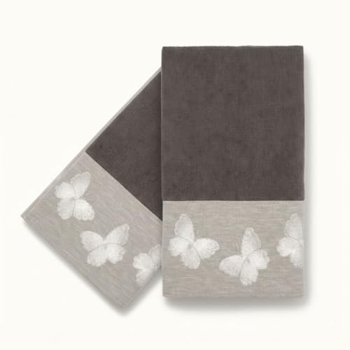 Avanti Linens – Fingertip Towel Set, 100% Cotton Velour Bathroom Towels with Embroidered Butterfly Design & Absorbent Terry Reverse, Home Decor, Set of 2 (Yara Collection)