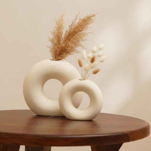 DESI SAMAAN Store Unique White Ceramic Donut Vases | Decorative Donut Vase for Dried Flowers & Pampas Grass (Set of 2) (6 & 4 Inches (Ring Donut VASE)) - size: 6 & 4 Inches (RING DONUT VASE )