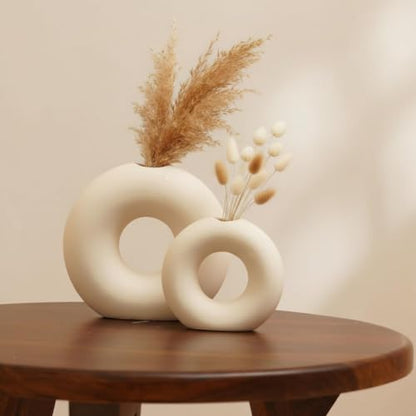 DESI SAMAAN Store Unique White Ceramic Donut Vases | Decorative Donut Vase for Dried Flowers & Pampas Grass (Set of 2) (6 & 4 Inches (Ring Donut VASE)) - size: 6 & 4 Inches (RING DONUT VASE )