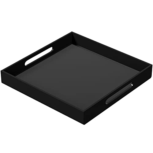 NIUBEE Acrylic Serving Tray 12x12 Inches -Spill Proof- Decorative Tray Organiser for Ottoman Coffee Table Countertop with Handles - Black - color: Black, size: 12" x 12" x 2"
