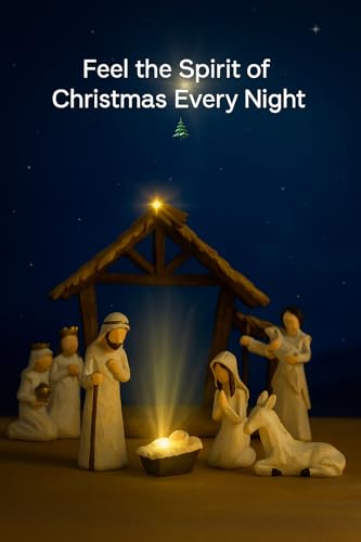 12 Set Nativity Scene Resin Figurines – Handcrafted Christmas Crèche with Holy Family, Mar Joseph Angel Wise Men Animals Stable – Religious Holiday Xmas Decoration for Home Church Mantel (Beige)