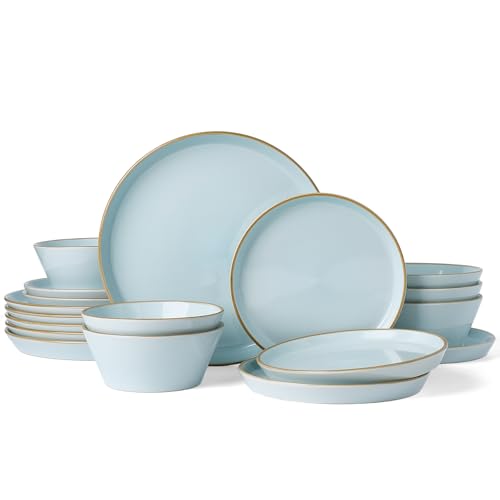 Famiware Saturn Plates and Bowls with Rim, Stoneware Dinnerware Sets for 6 | Light Blue, 18-Piece Ceramic Dishes, Chip and Scratch Resistant, Microwave and Dishwasher Safe, Everyday, Formal & Party Use - color: Light Blue, size: 18