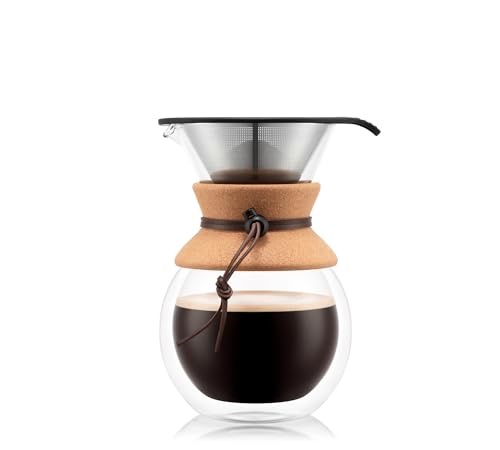 Bodum 34oz Pour Over Coffee Maker, High-Heat Borosilicate Glass with Reusable Stainless Steel Filter and Double Wall Cork Grip - Made in Portugal - color: Double Wall Cork, size: 34oz