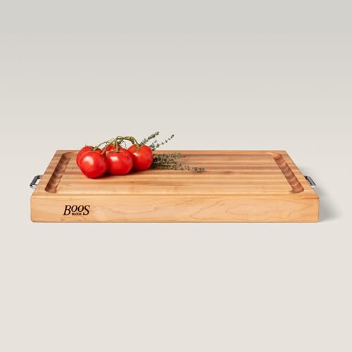 John Boos Handle Boards Series Rectangular Wooden Maple Cutting Board 24”x18” – 2.25” Thick, 30-lb Reversible Butcher Block with Juice Groove, Edge-Grain & Metal Handles - color: Dark Maple, size: 24"L x 18"W